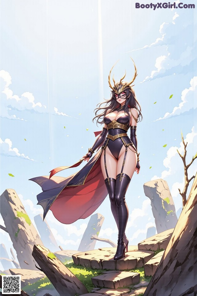 A woman dressed as a superhero standing on a rocky hillside.