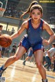 A woman in a blue uniform dribbling a basketball on a court.