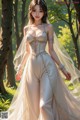 A woman in a wedding dress standing in the woods.