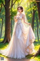 A woman in a wedding dress standing in the woods.